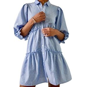 NWT Francesca’s Mi Ami Chambray Button Up Babydoll Tiered Mini Dress NWT M